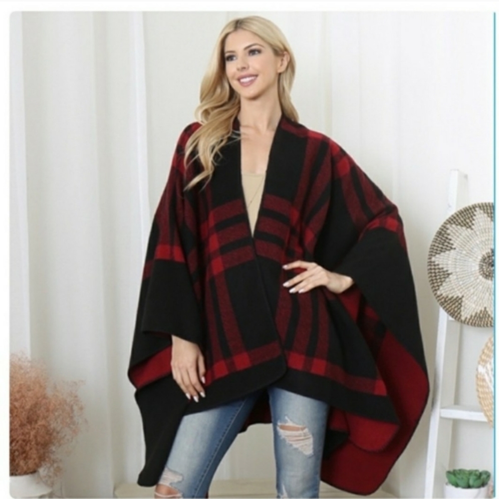 Riah Fashion Black & Red Buffalo Plaid Ruana Wrap, NWT